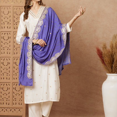Solid Ethnic Gota Embroidered Kurta with Pant & Bandhani Printed Dupatta - Off White