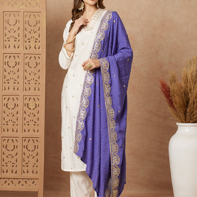 Solid Ethnic Gota Embroidered Kurta with Pant & Bandhani Printed Dupatta - Off White