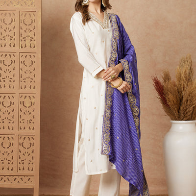 Solid Ethnic Gota Embroidered Kurta with Pant & Bandhani Printed Dupatta - Off White