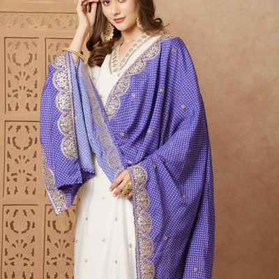 Solid Ethnic Gota Embroidered Kurta with Pant & Bandhani Printed Dupatta - Off White