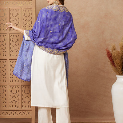 Solid Ethnic Gota Embroidered Kurta with Pant & Bandhani Printed Dupatta - Off White