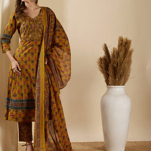 Floral Printed & Embroidered Anarkali Kurta with Pant & Dupatta - Mustard