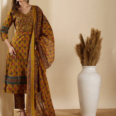 Floral Printed & Embroidered Anarkali Kurta with Pant & Dupatta - Mustard