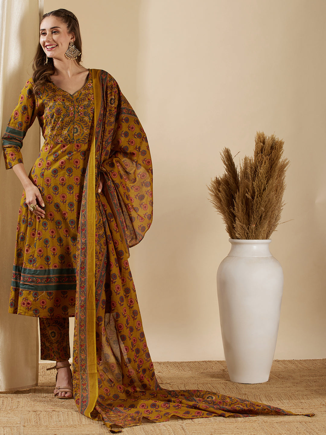 Floral Printed & Embroidered Anarkali Kurta with Pant & Dupatta - Mustard