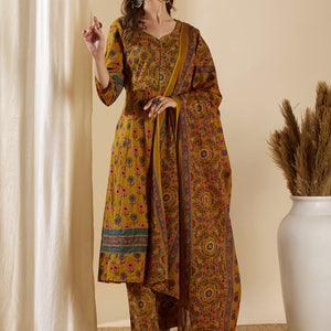 Floral Printed & Embroidered Anarkali Kurta with Pant & Dupatta - Mustard