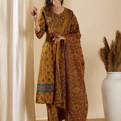 Floral Printed & Embroidered Anarkali Kurta with Pant & Dupatta - Mustard