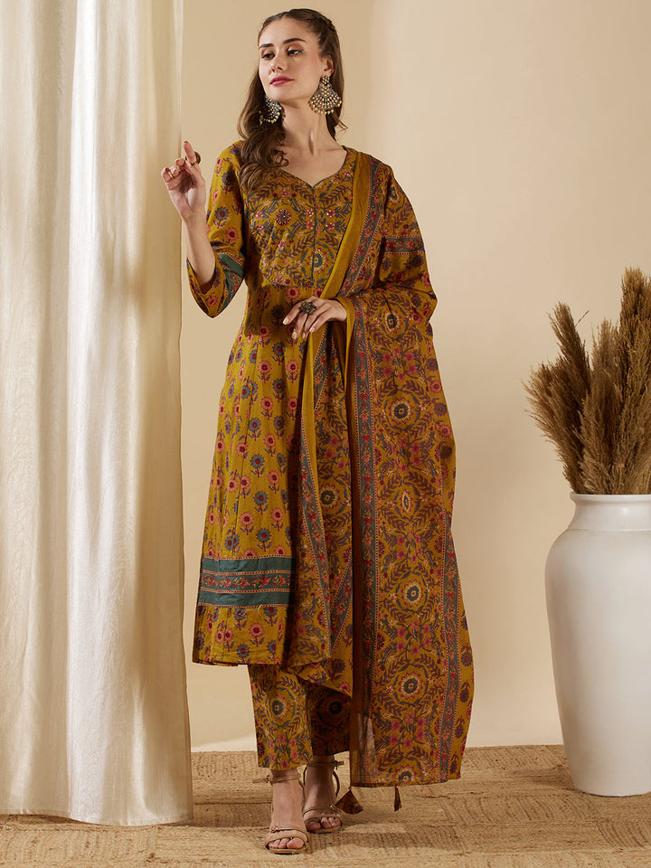 Floral Printed & Embroidered Anarkali Kurta with Pant & Dupatta - Mustard