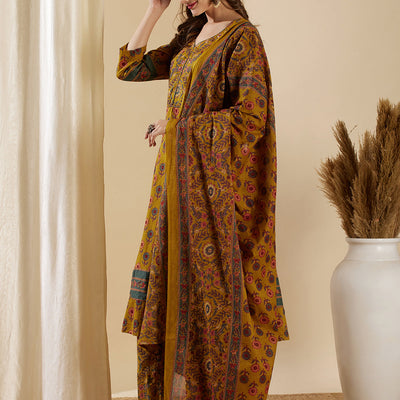 Floral Printed & Embroidered Anarkali Kurta with Pant & Dupatta - Mustard