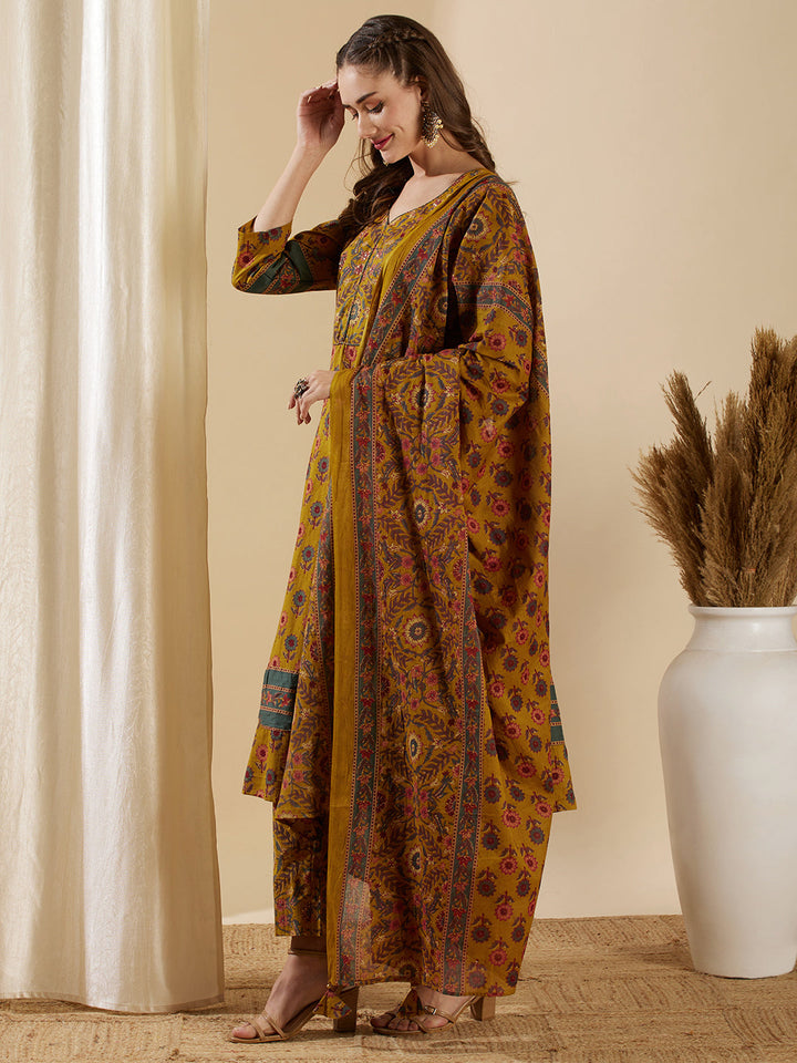 Floral Printed & Embroidered Anarkali Kurta with Pant & Dupatta - Mustard