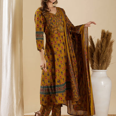 Floral Printed & Embroidered Anarkali Kurta with Pant & Dupatta - Mustard