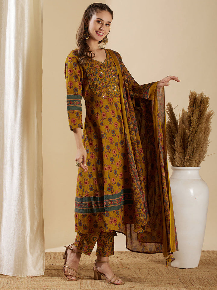 Floral Printed & Embroidered Anarkali Kurta with Pant & Dupatta - Mustard