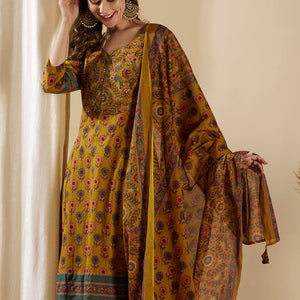 Floral Printed & Embroidered Anarkali Kurta with Pant & Dupatta - Mustard