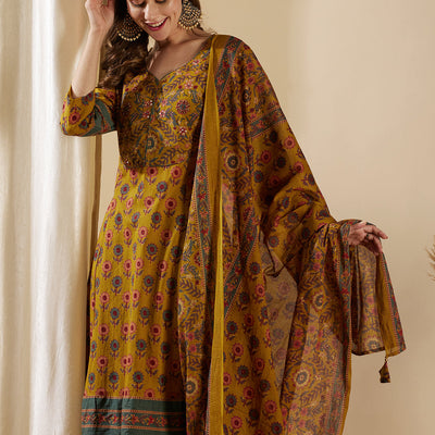 Floral Printed & Embroidered Anarkali Kurta with Pant & Dupatta - Mustard