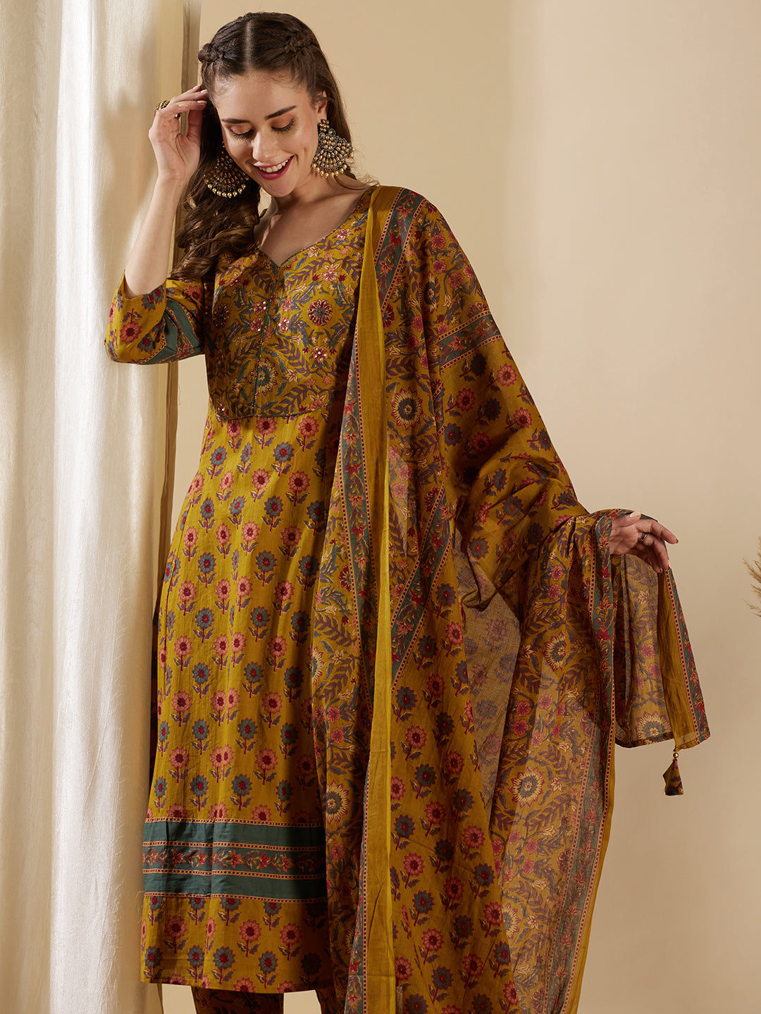 Floral Printed & Embroidered Anarkali Kurta with Pant & Dupatta - Mustard