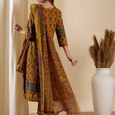 Floral Printed & Embroidered Anarkali Kurta with Pant & Dupatta - Mustard