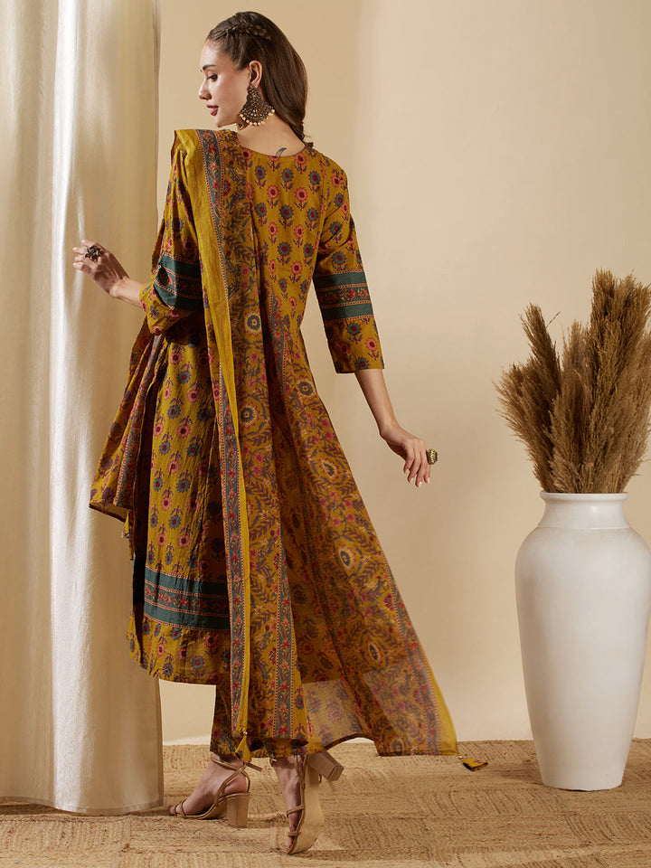 Floral Printed & Embroidered Anarkali Kurta with Pant & Dupatta - Mustard