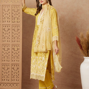 Floral Printed & Schiffli Embroidered Straight Kurta with Pant & Dupatta - Yellow