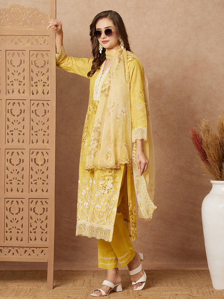 Floral Printed & Schiffli Embroidered Straight Kurta with Pant & Dupatta - Yellow