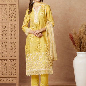 Floral Printed & Schiffli Embroidered Straight Kurta with Pant & Dupatta - Yellow