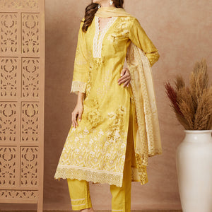 Floral Printed & Schiffli Embroidered Straight Kurta with Pant & Dupatta - Yellow
