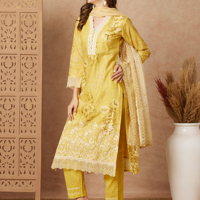 Floral Printed & Schiffli Embroidered Straight Kurta with Pant & Dupatta - Yellow