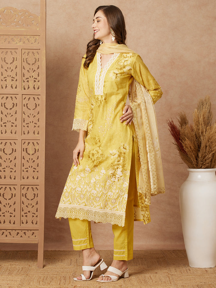 Floral Printed & Schiffli Embroidered Straight Kurta with Pant & Dupatta - Yellow