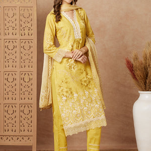 Floral Printed & Schiffli Embroidered Straight Kurta with Pant & Dupatta - Yellow