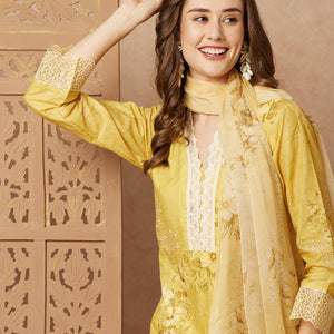 Floral Printed & Schiffli Embroidered Straight Kurta with Pant & Dupatta - Yellow
