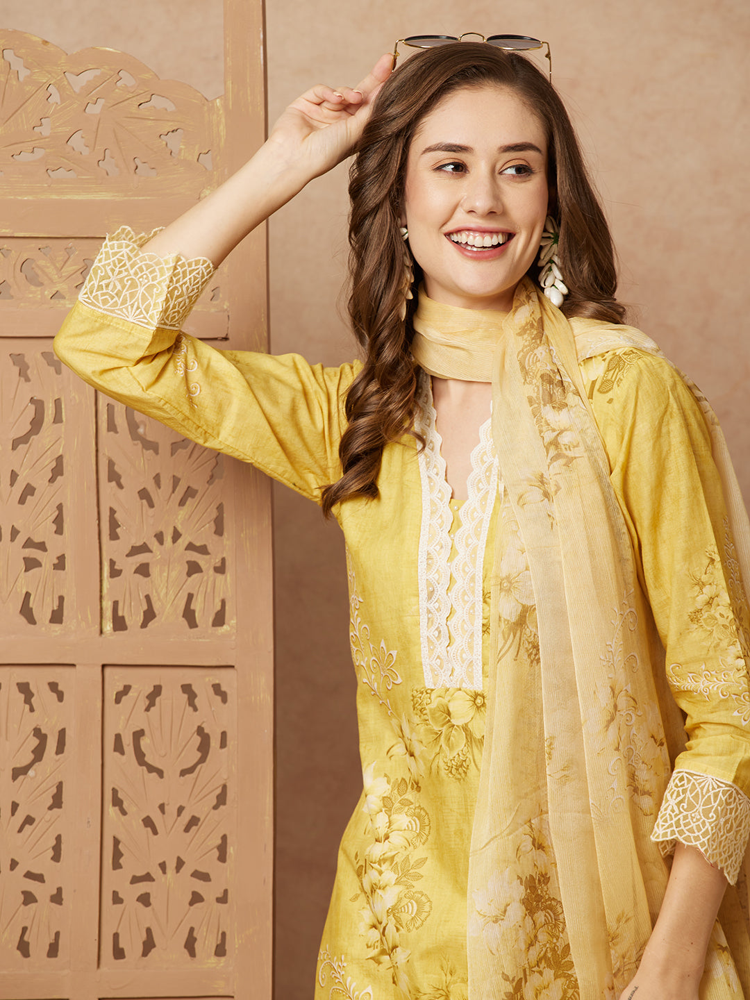 Floral Printed & Schiffli Embroidered Straight Kurta with Pant & Dupatta - Yellow