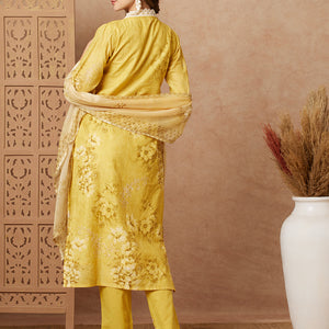 Floral Printed & Schiffli Embroidered Straight Kurta with Pant & Dupatta - Yellow