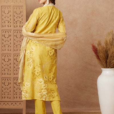 Floral Printed & Schiffli Embroidered Straight Kurta with Pant & Dupatta - Yellow