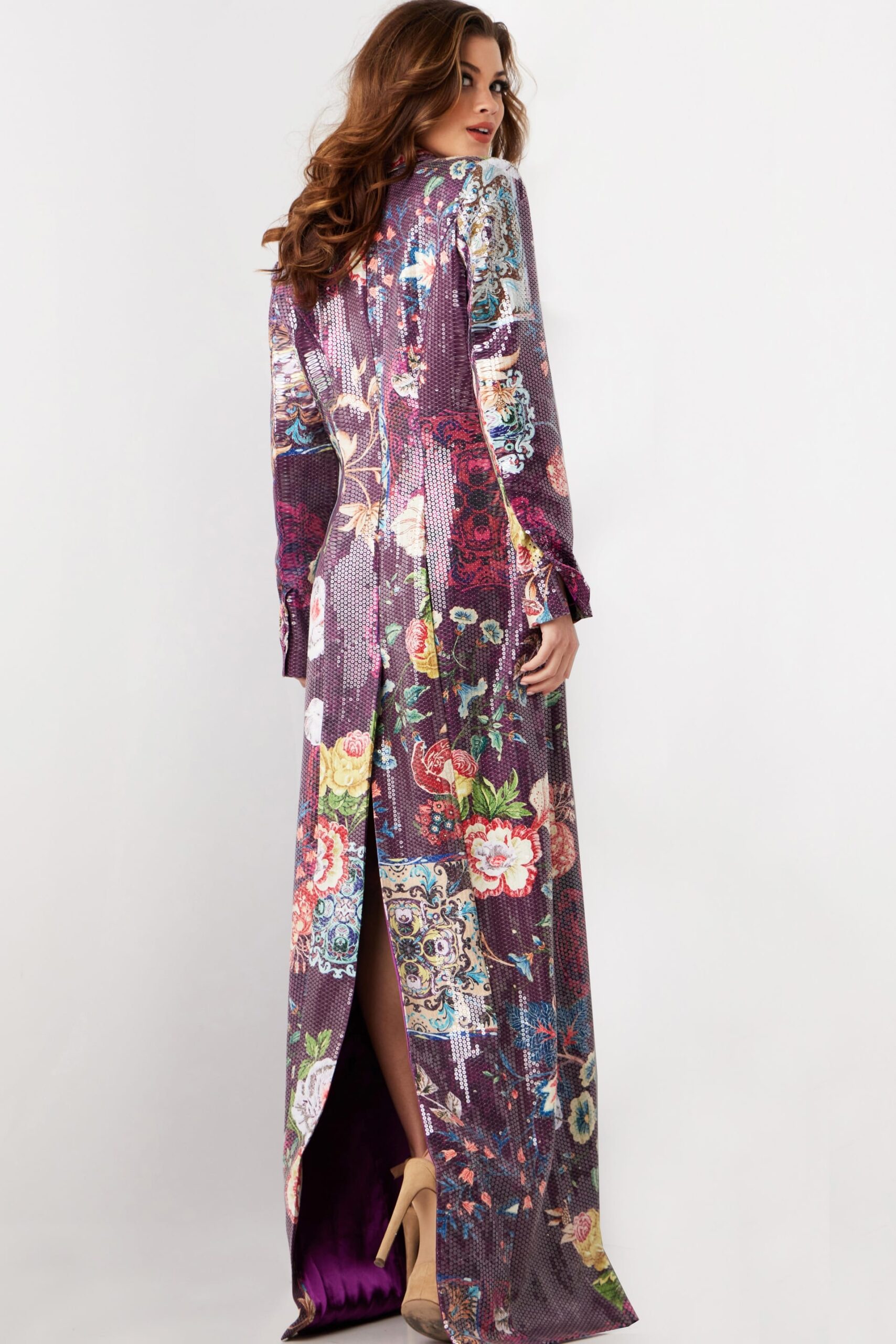 Jovani 26035 Long Sleeve Formal Floral Print Sequin Coat Dress