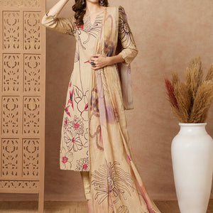 Floral Abstract Printed & Hand Embroidered Kurta with Pant & Dupatta - Beige