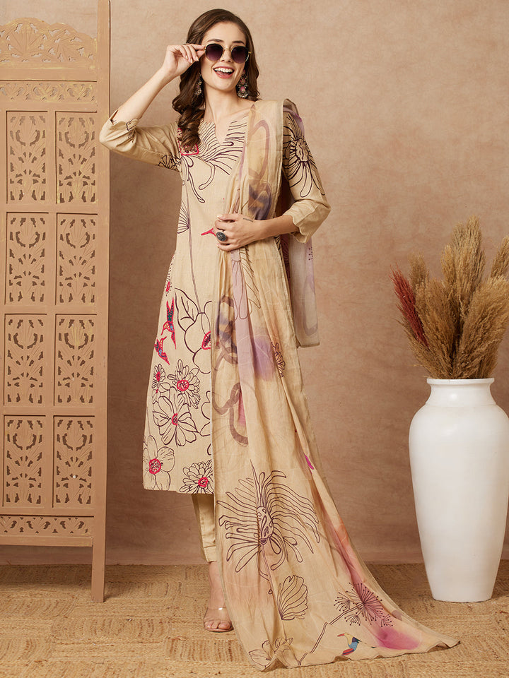 Floral Abstract Printed & Hand Embroidered Kurta with Pant & Dupatta - Beige