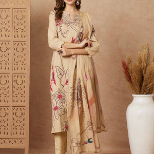 Floral Abstract Printed & Hand Embroidered Kurta with Pant & Dupatta - Beige