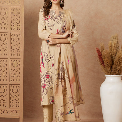 Floral Abstract Printed & Hand Embroidered Kurta with Pant & Dupatta - Beige