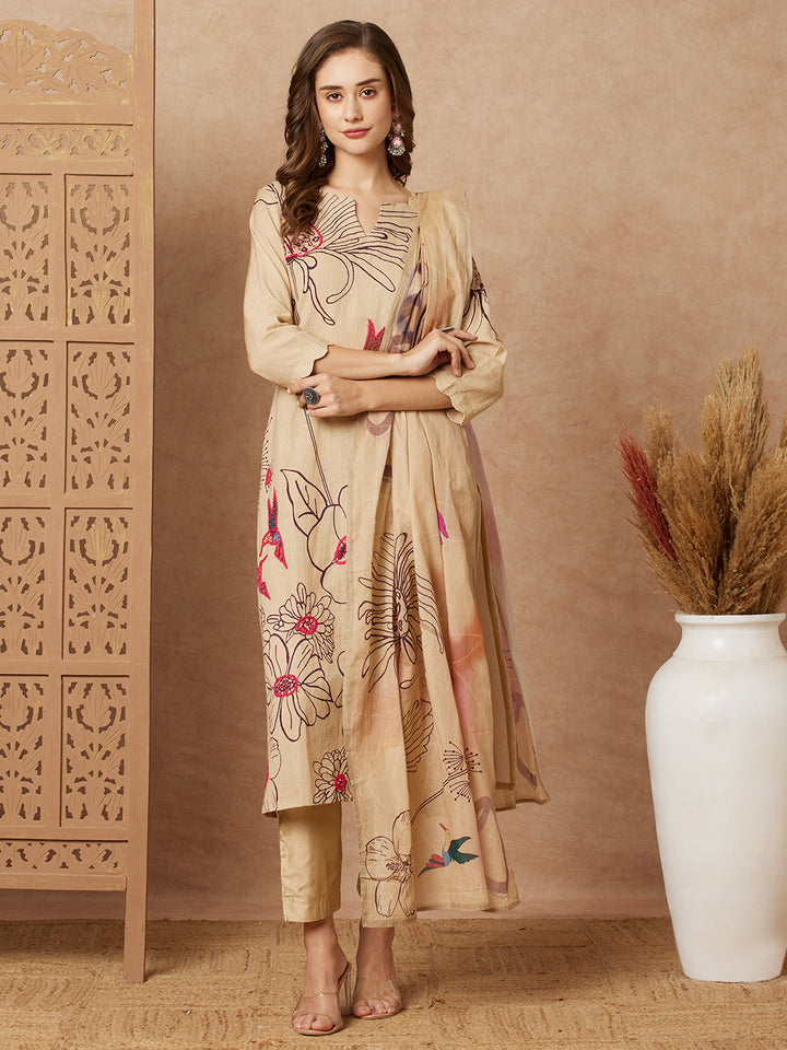 Floral Abstract Printed & Hand Embroidered Kurta with Pant & Dupatta - Beige