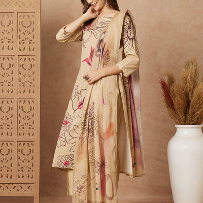 Floral Abstract Printed & Hand Embroidered Kurta with Pant & Dupatta - Beige