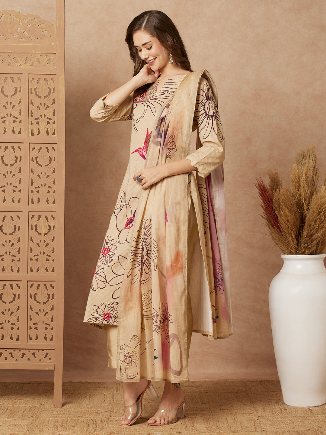 Floral Abstract Printed & Hand Embroidered Kurta with Pant & Dupatta - Beige