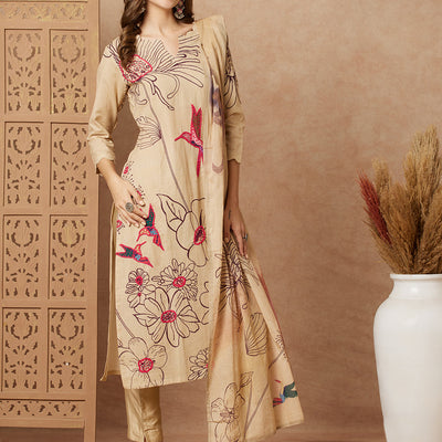Floral Abstract Printed & Hand Embroidered Kurta with Pant & Dupatta - Beige