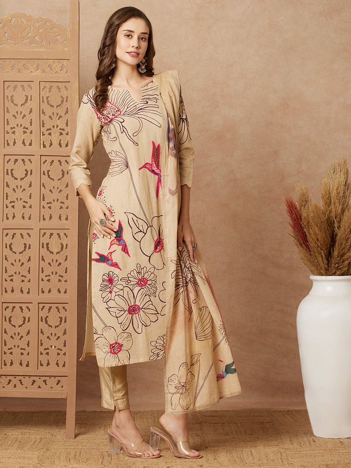 Floral Abstract Printed & Hand Embroidered Kurta with Pant & Dupatta - Beige