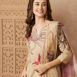 Floral Abstract Printed & Hand Embroidered Kurta with Pant & Dupatta - Beige