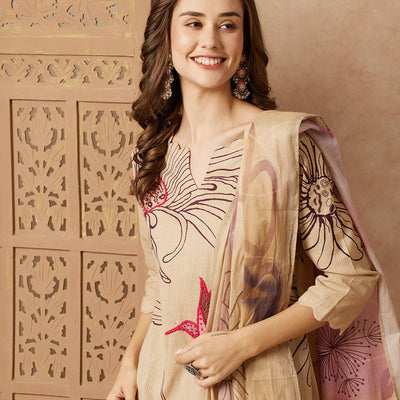 Floral Abstract Printed & Hand Embroidered Kurta with Pant & Dupatta - Beige