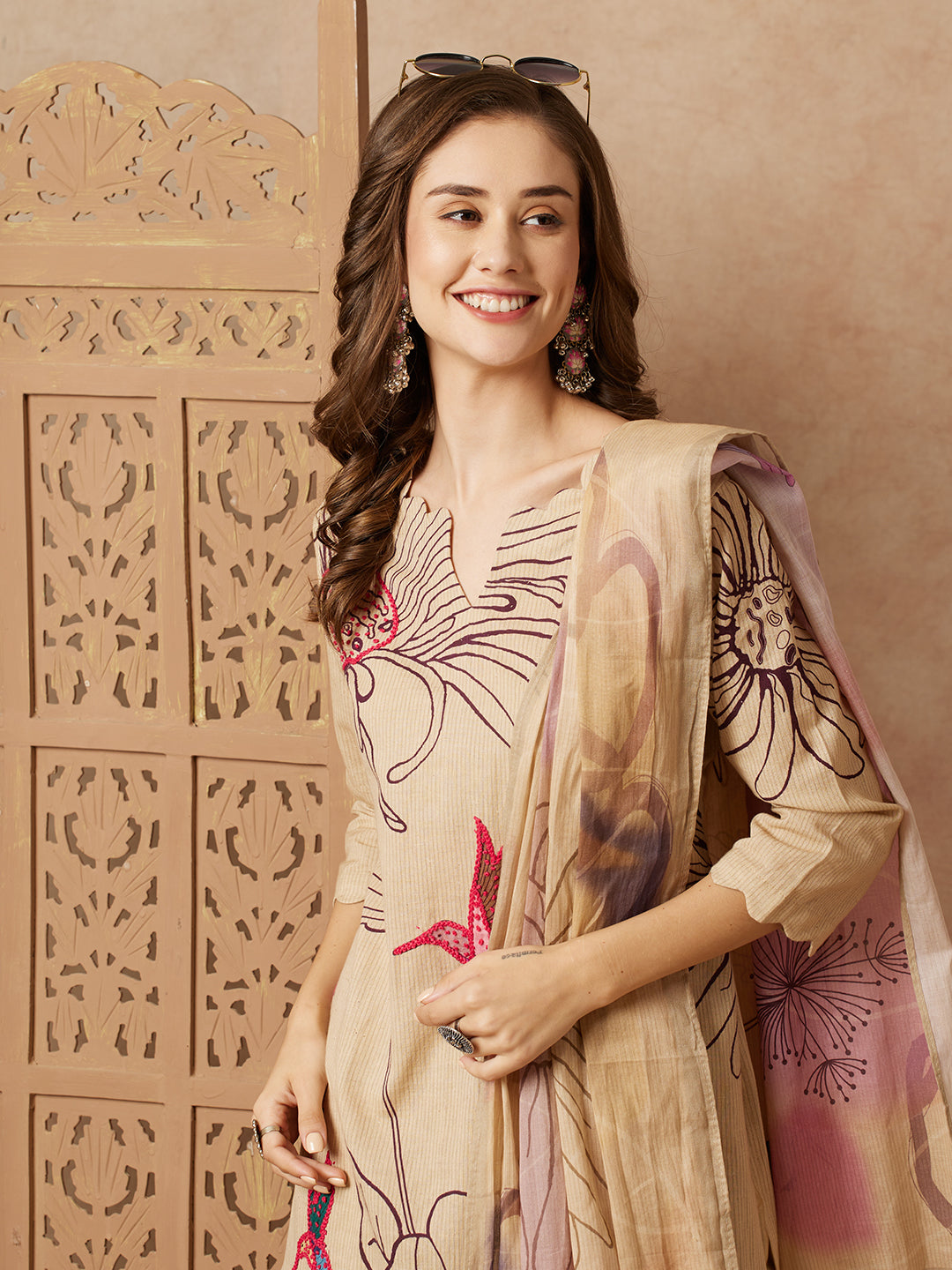 Floral Abstract Printed & Hand Embroidered Kurta with Pant & Dupatta - Beige