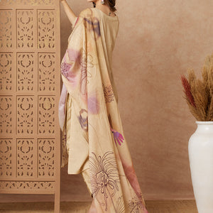 Floral Abstract Printed & Hand Embroidered Kurta with Pant & Dupatta - Beige