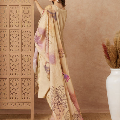 Floral Abstract Printed & Hand Embroidered Kurta with Pant & Dupatta - Beige