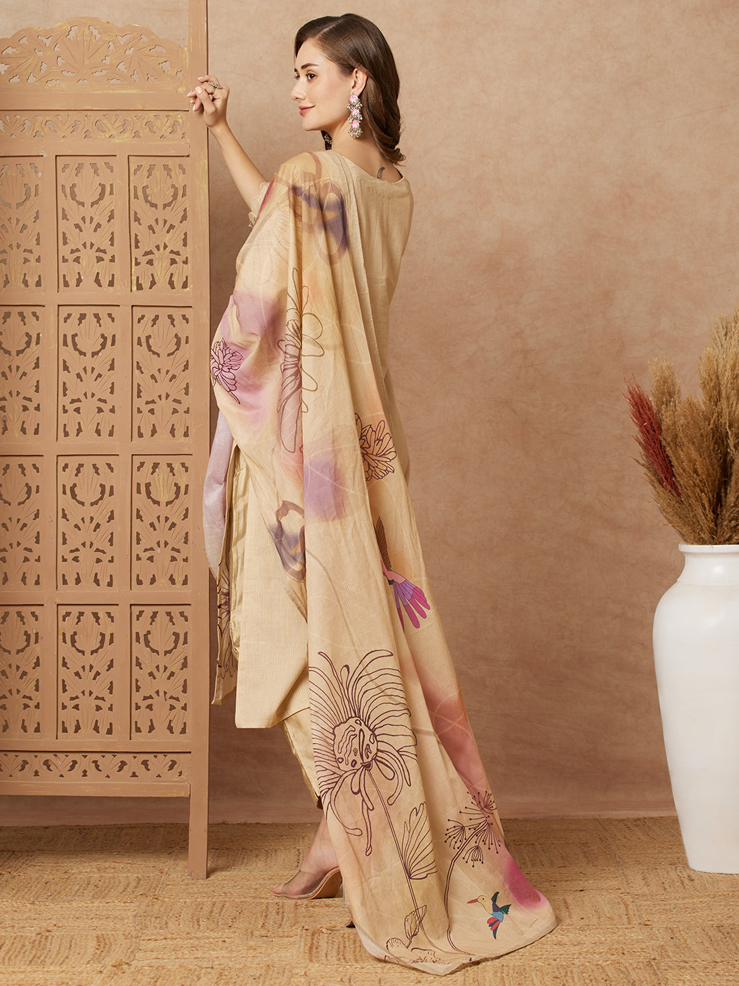 Floral Abstract Printed & Hand Embroidered Kurta with Pant & Dupatta - Beige