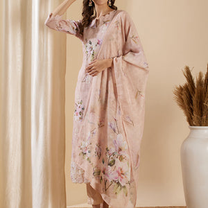 Floral Printed & Embroidered Straight Kurta with Pant & Dupatta - Pink