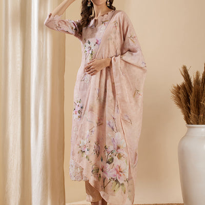 Floral Printed & Embroidered Straight Kurta with Pant & Dupatta - Pink