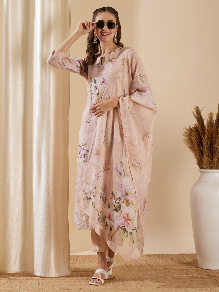 Floral Printed & Embroidered Straight Kurta with Pant & Dupatta - Pink